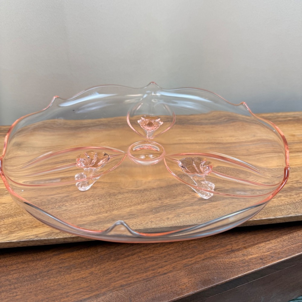 Vintage Jubilee Lancaster Glass Pink Depression 3 Footed Scalloped Console Bowl
